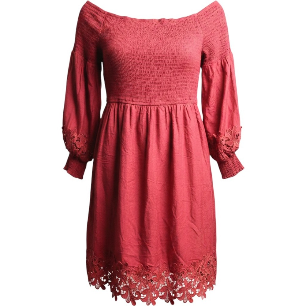 Flying Tomato Red Off Shoulder Smocked Lace Crochet Mini Dress L Ren Faire Boho